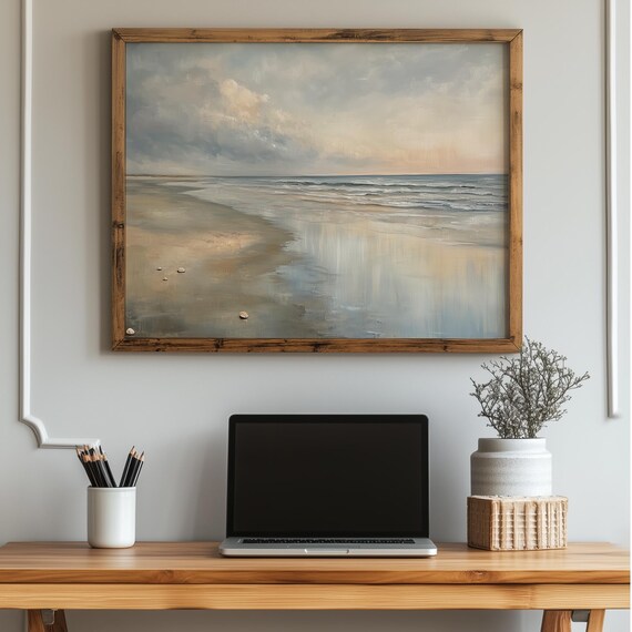 Reflective Wet Sand Shoreline at Low Tide Seascape Painting Poster