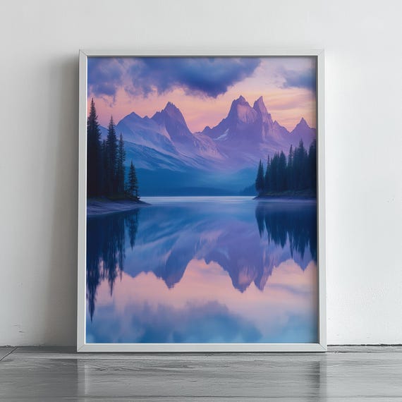 Pastel Mountain Sunrise Lake Print Tranquil Nature Reflection Wall Art Serene Forest Landscape Poster Decor 147
