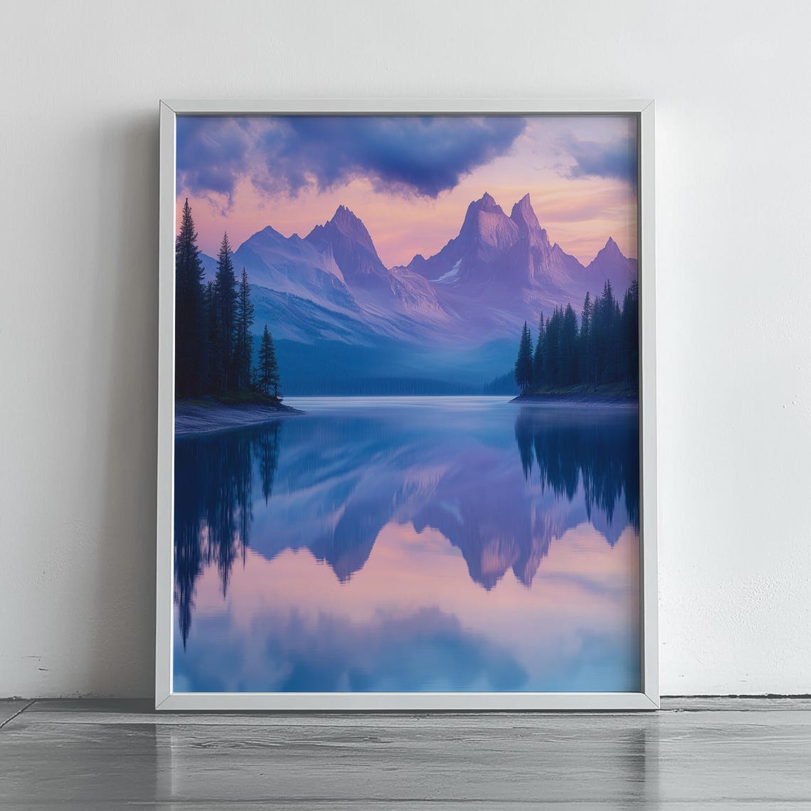 Pastel Mountain Sunrise Lake Reflection Serene Forest Art Poster