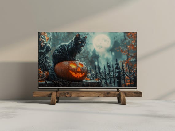 Halloween Frame Tv Art Black Cat Pumpkin Full Moon Spooky Haunted House Gothic Decor For Samsung Vintage 1