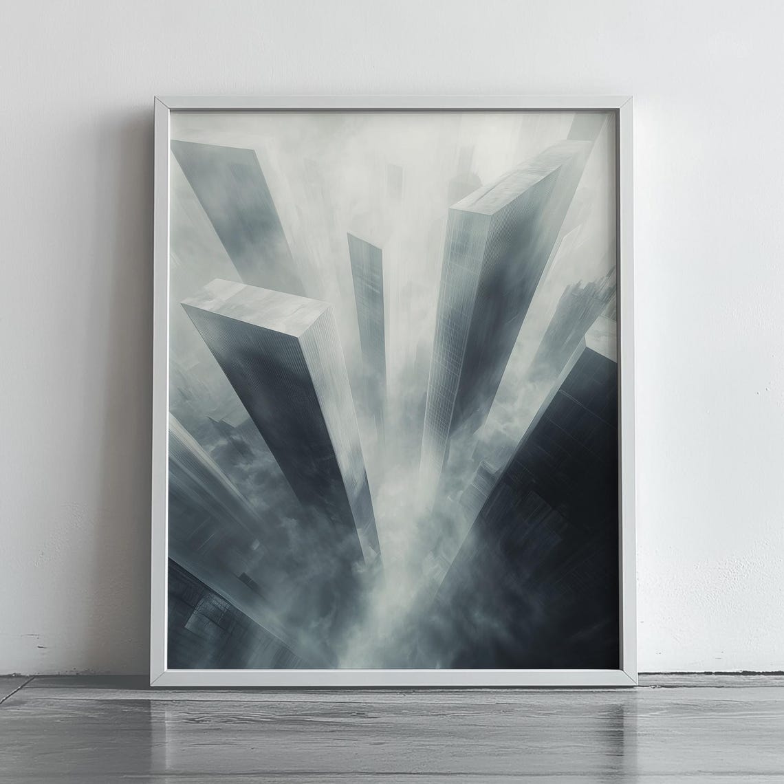Futuristic Skyscrapers Rising Through Mist From Below Cityscape Poster