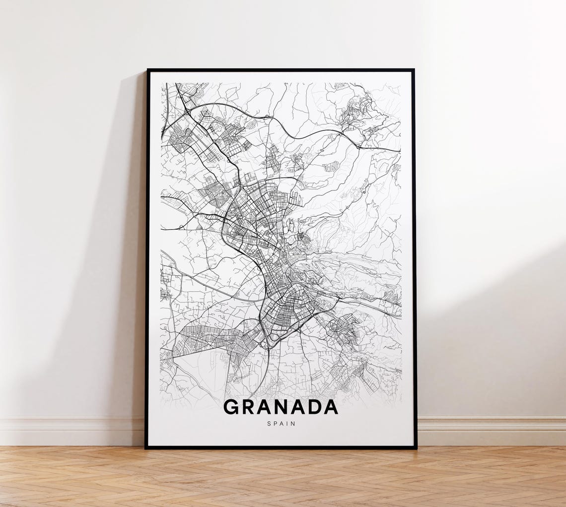 Granada City Map Spain Wall Art Minimalist Print Modern Decor Street Home Instant