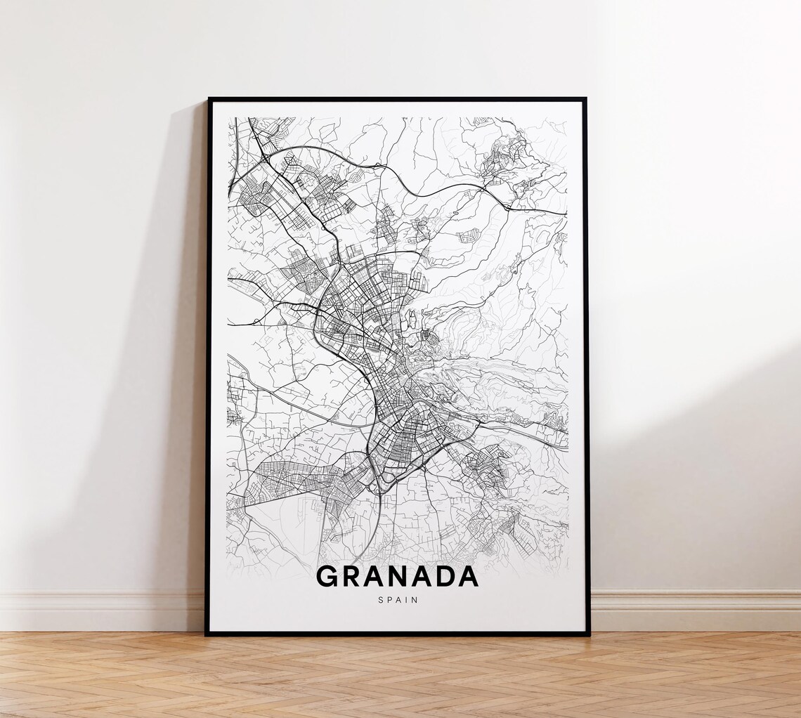 Granada Spain Minimalist City Street Map Line Art Wall Decor Print