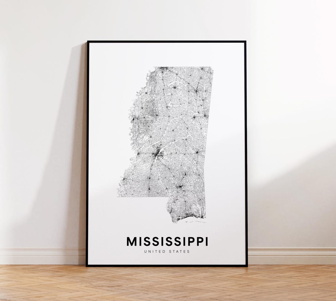 Mississippi State Map Minimalist Black and White Wall Decor Poster
