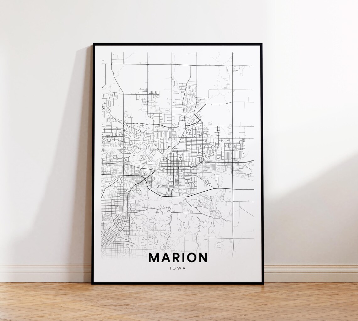 Marion Iowa City Street Map Minimalist Black and White Wall Art