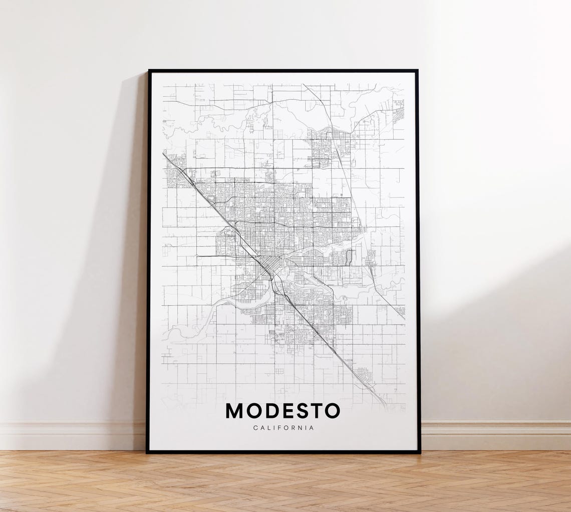 Modesto City Map Poster Ca Street Print Road Wall Art Office