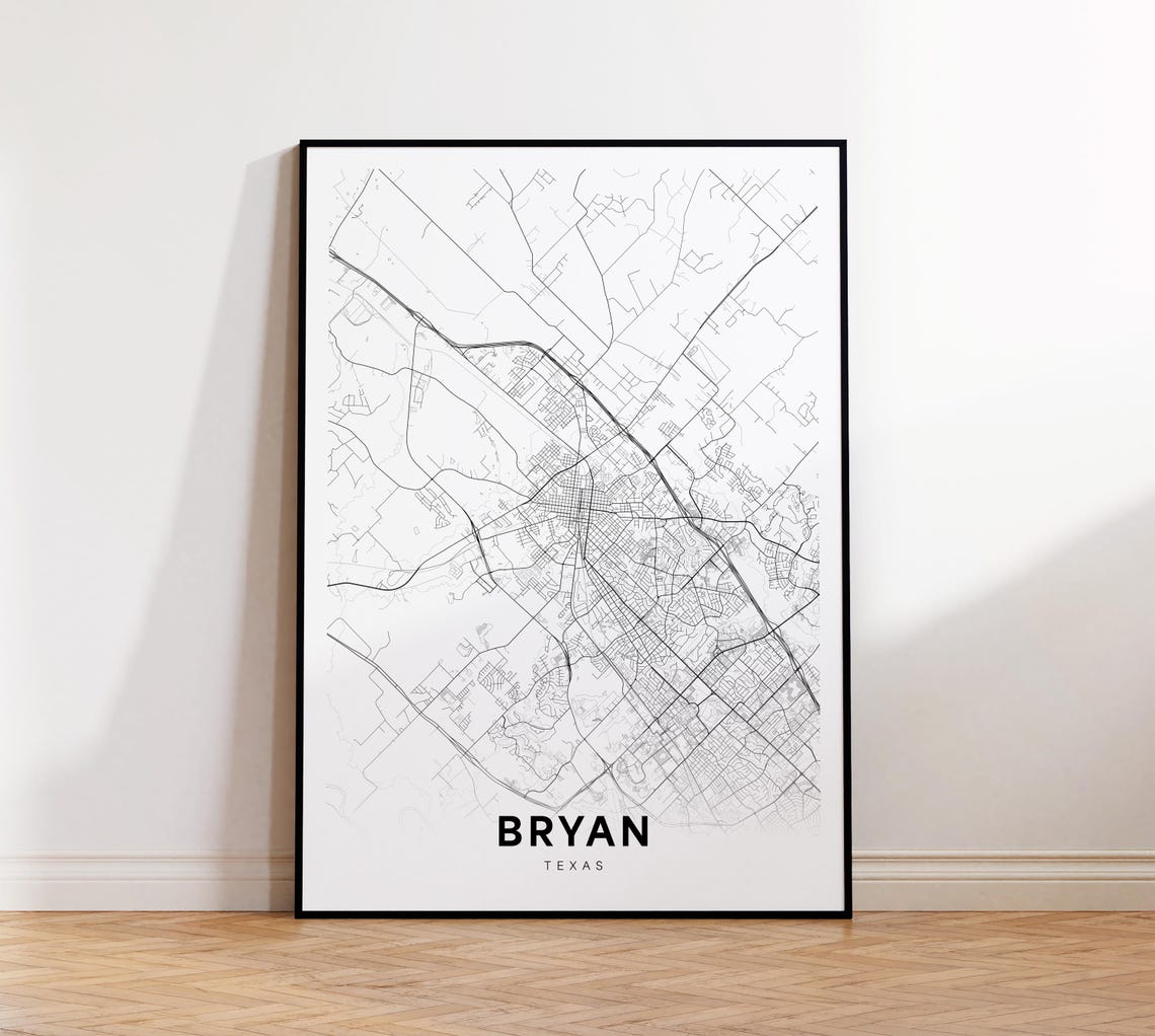 Bryan City Map Print Street Poster Texas Art Road Minimalist Living Room Decor