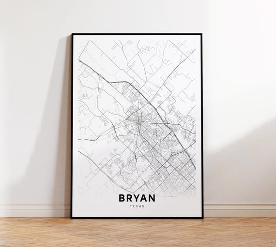 Bryan City Map Print Street Poster Texas Art Road Minimalist Living Room Decor