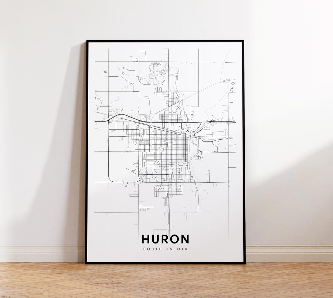 Huron South Dakota Minimalist Black and White City Map Poster
