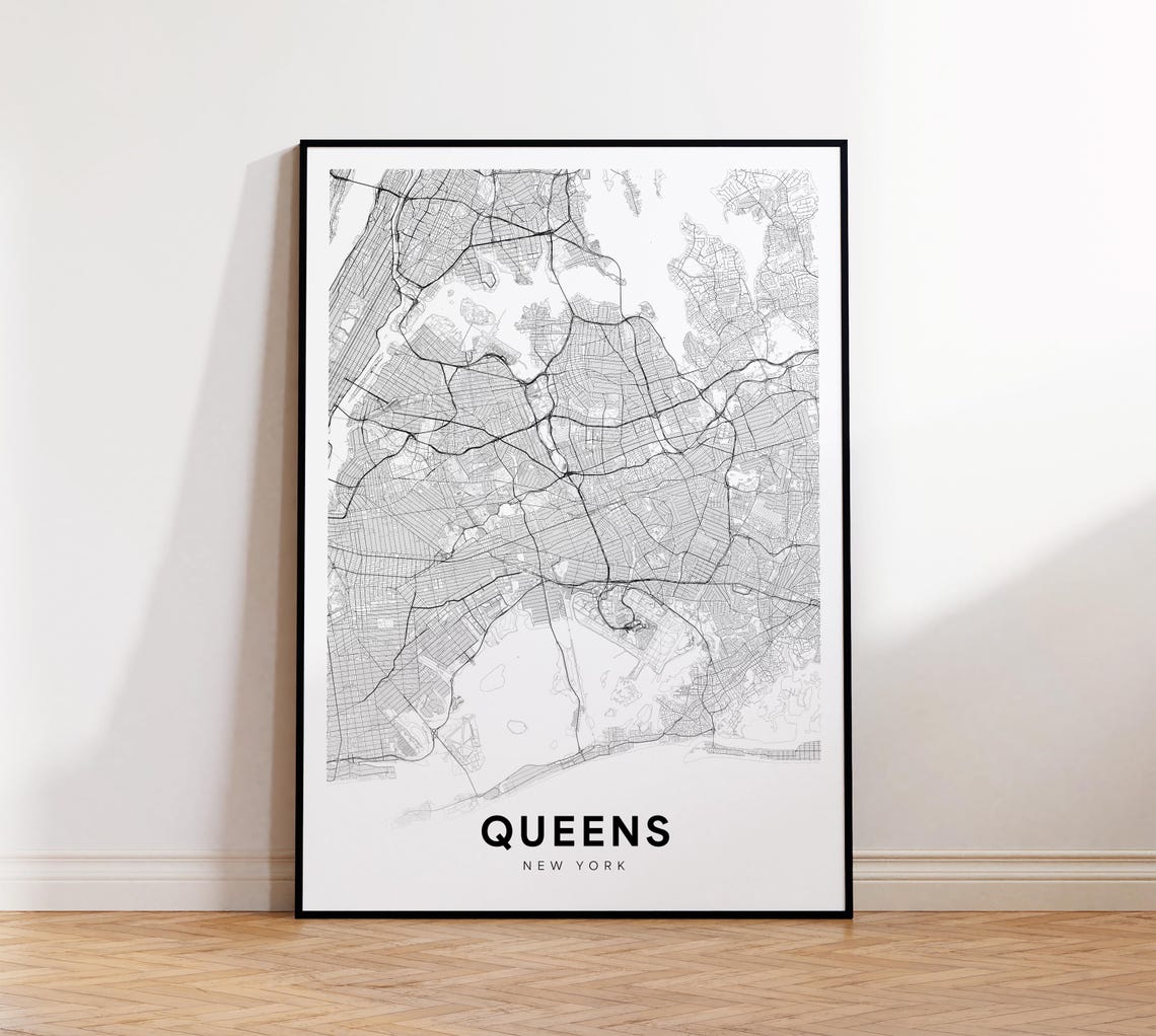Queens City Map Print Street Poster Larger Area New York Art Road Minimalist