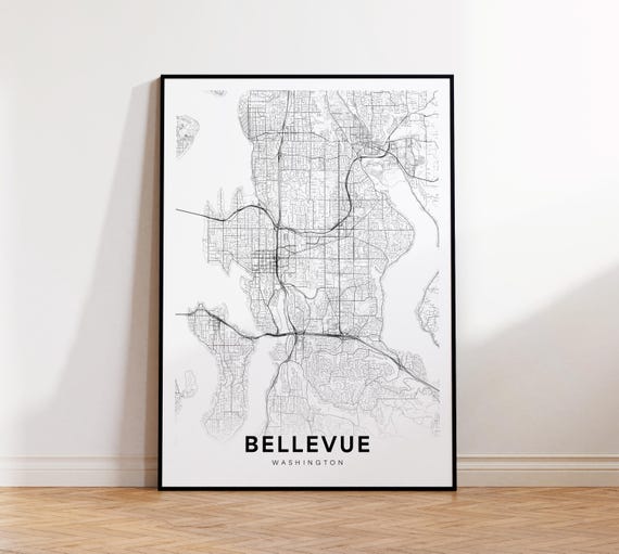 Bellevue City Map Print Street Poster Washington Art Road Wall Living Room Decor