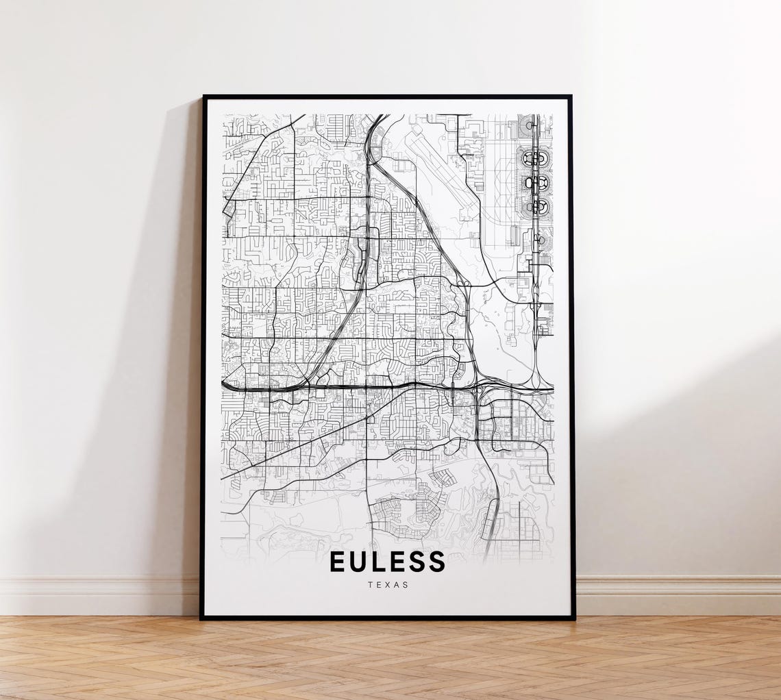 Euless Texas Minimalist Black White Modern City Street Map Poster