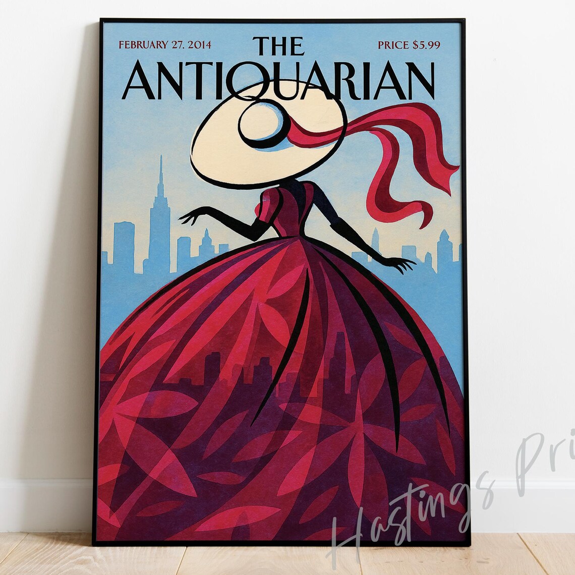 The Antiquarian Woman in Red Gown City Vintage Magazine Poster