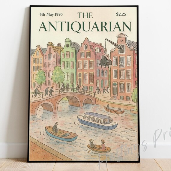 The Antiquarian 1995 Amsterdam Canal Vintage Magazine Cover Art Poster
