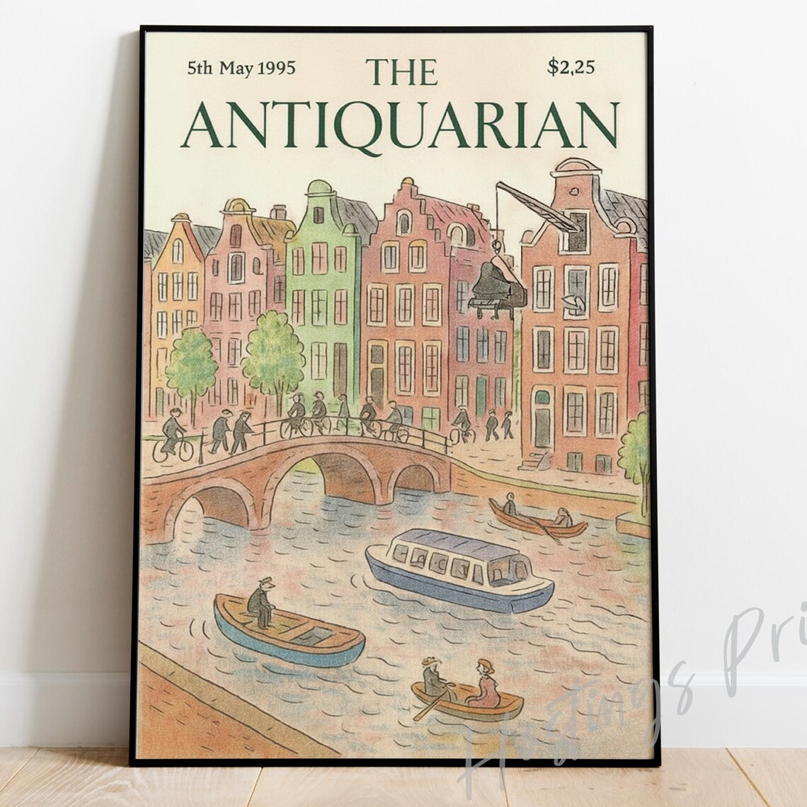 The Antiquarian 1995 Amsterdam Canal Vintage Magazine Cover Art Poster