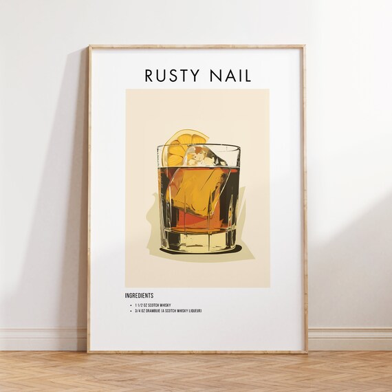 Rusty Nail Cocktail Recipe Poster with Ingredients for Bar Decor