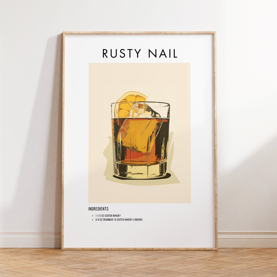 Rusty Nail Cocktail Recipe Poster with Ingredients for Bar Decor