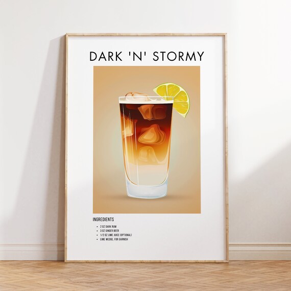 Dark N Stormy Classic Rum Cocktail Recipe Illustration Poster