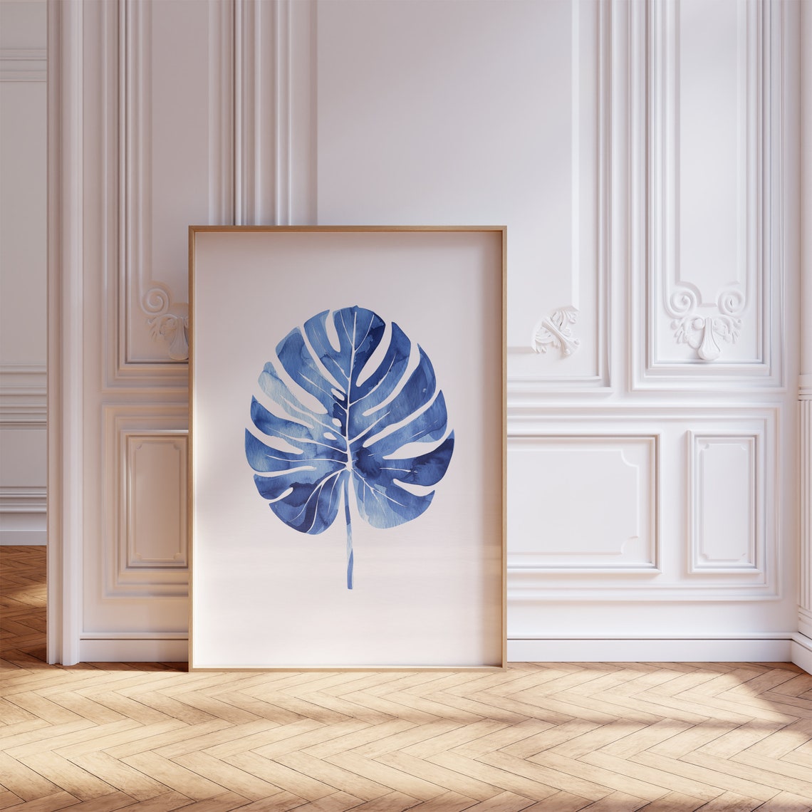 Blue Monstera Leaf Watercolor Tropical Botanical Statement Art Poster - Image 2