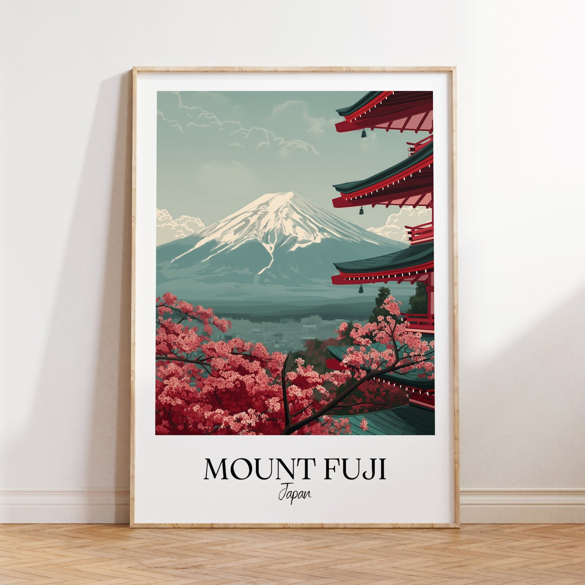 Mount Fuji Japan Pagoda Cherry Blossom Vintage Style Travel Poster