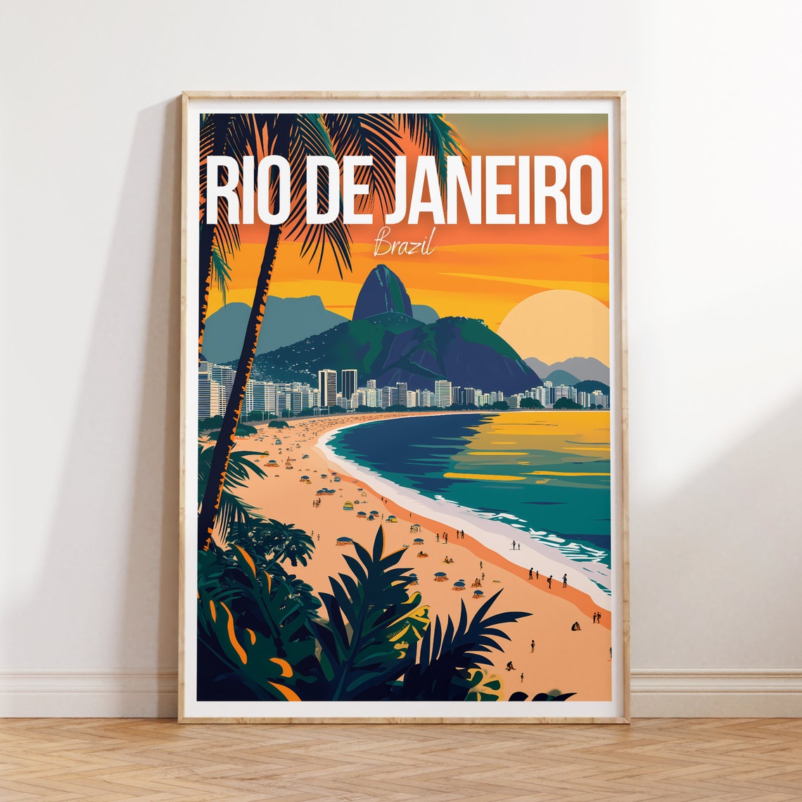 Rio de Janeiro Brazil Tropical Beach Sunset Palm Ocean Travel Poster