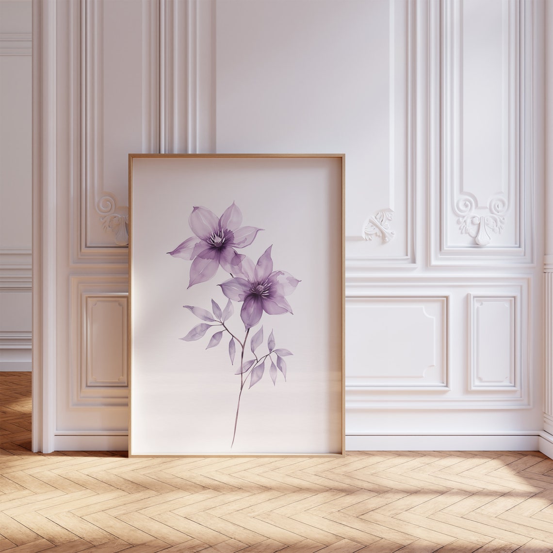 Purple Clematis Watercolor Floral Delicate Botanical Art Poster - Image 2