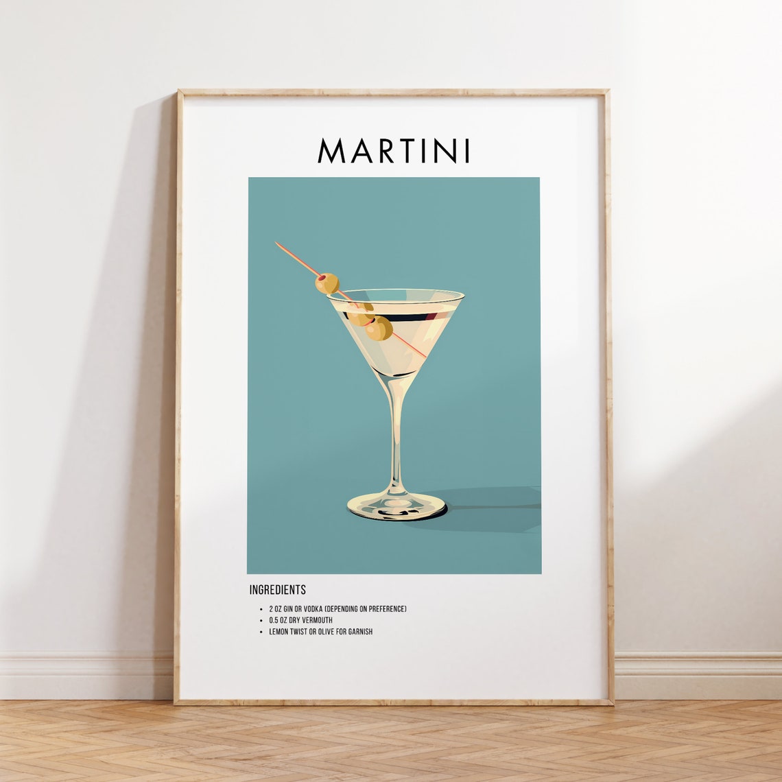 Classic Martini Cocktail Recipe Poster with Ingredients for Bars