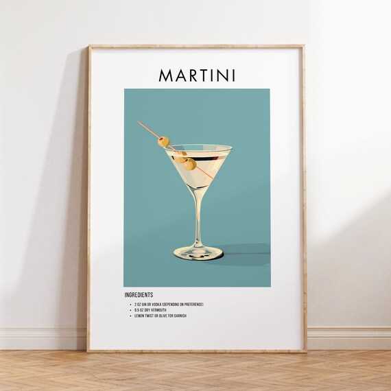 Classic Martini Cocktail Recipe Poster with Ingredients for Bars