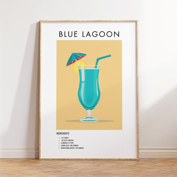 Blue Lagoon Classic Vodka Cocktail Recipe Ingredient Art Poster