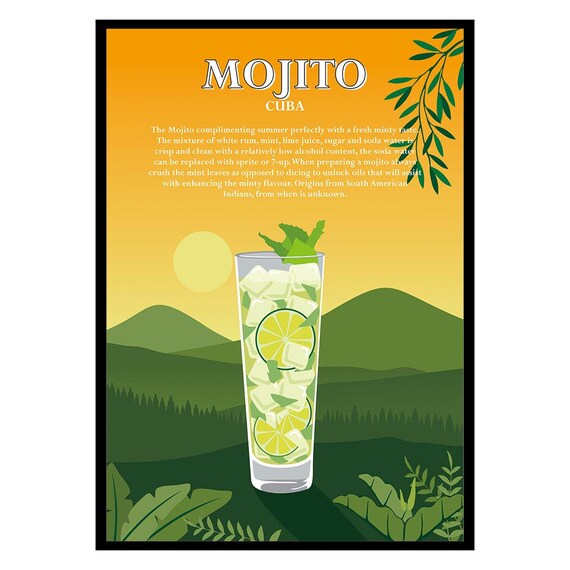Mojito Cuba Classic Cocktail Recipe Poster for Home Bar Decor