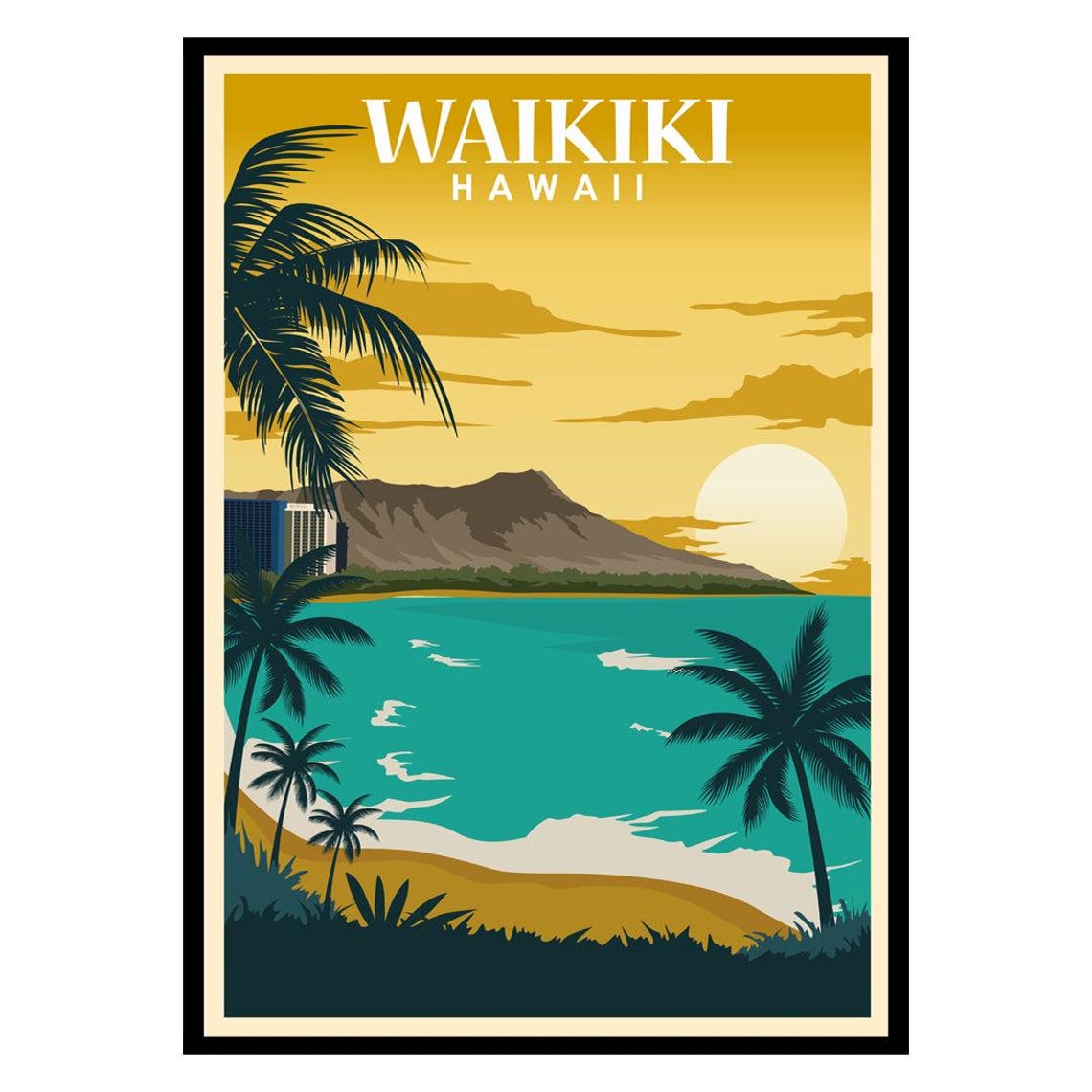 Waikiki Hawaii Diamond Head Sunset Beach Vintage Travel Poster
