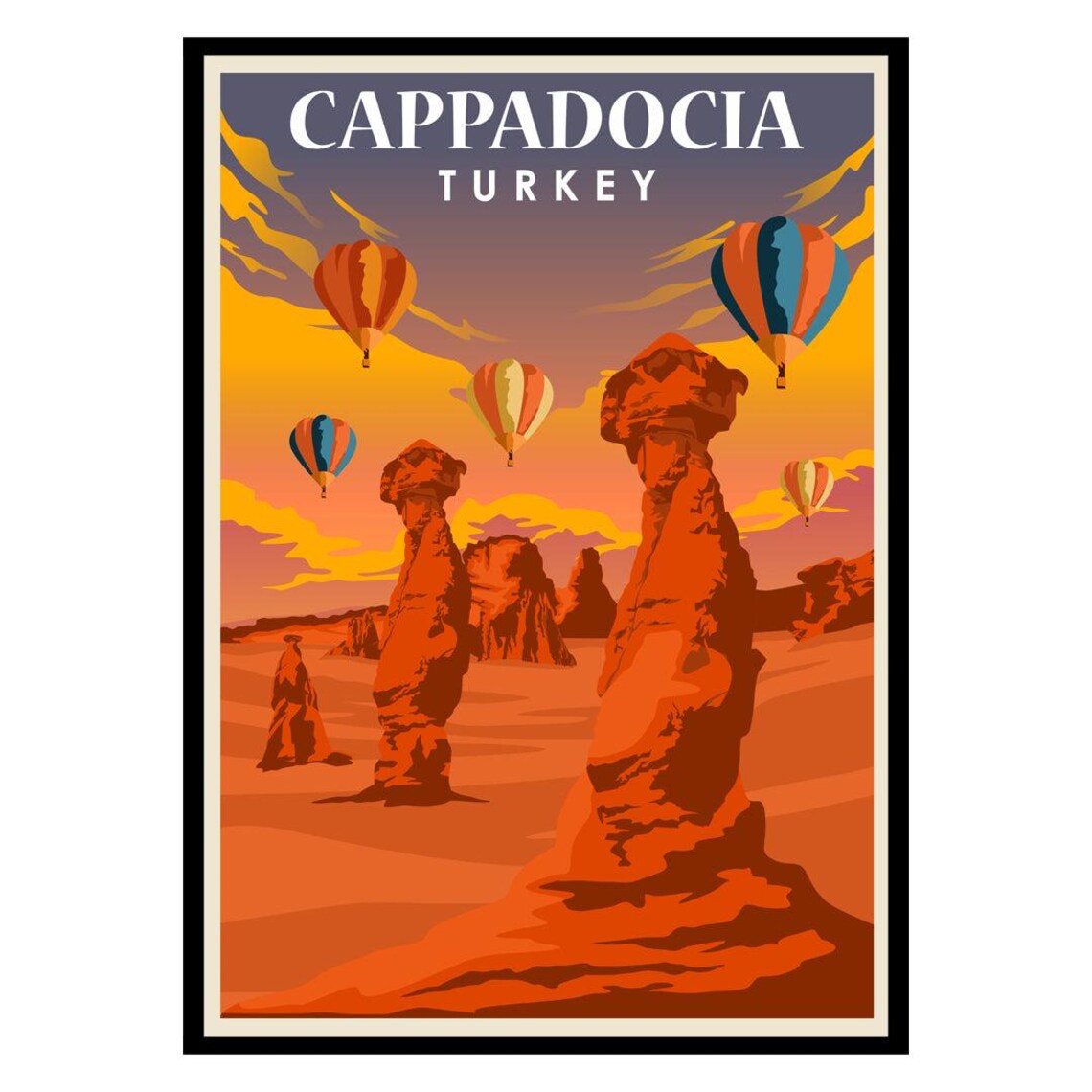 Cappadocia Turkey Hot Air Balloons Fairy Chimneys Sunset Travel Poster