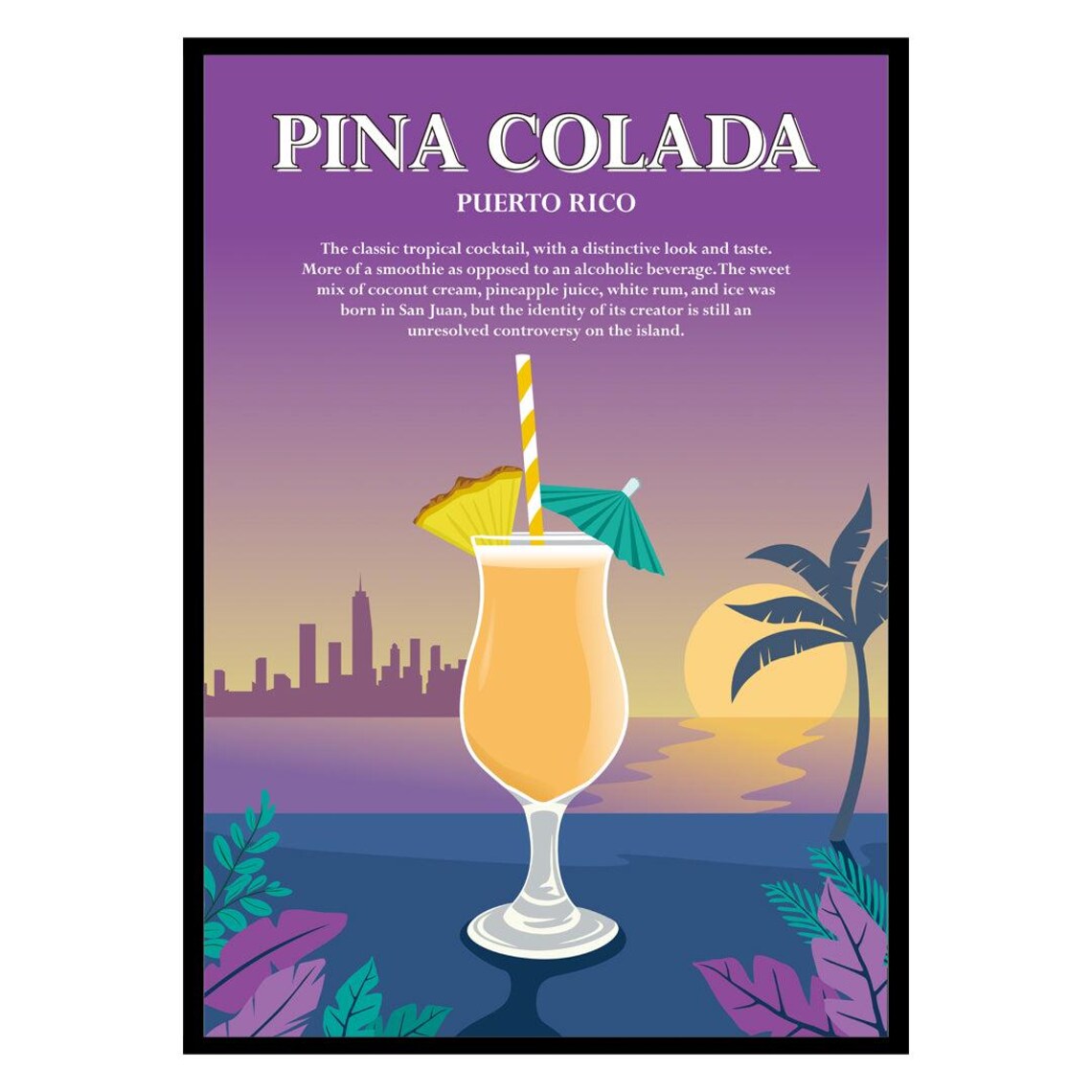 Bold Pina Colada Puerto Rico Tropical Cocktail Recipe Poster Art