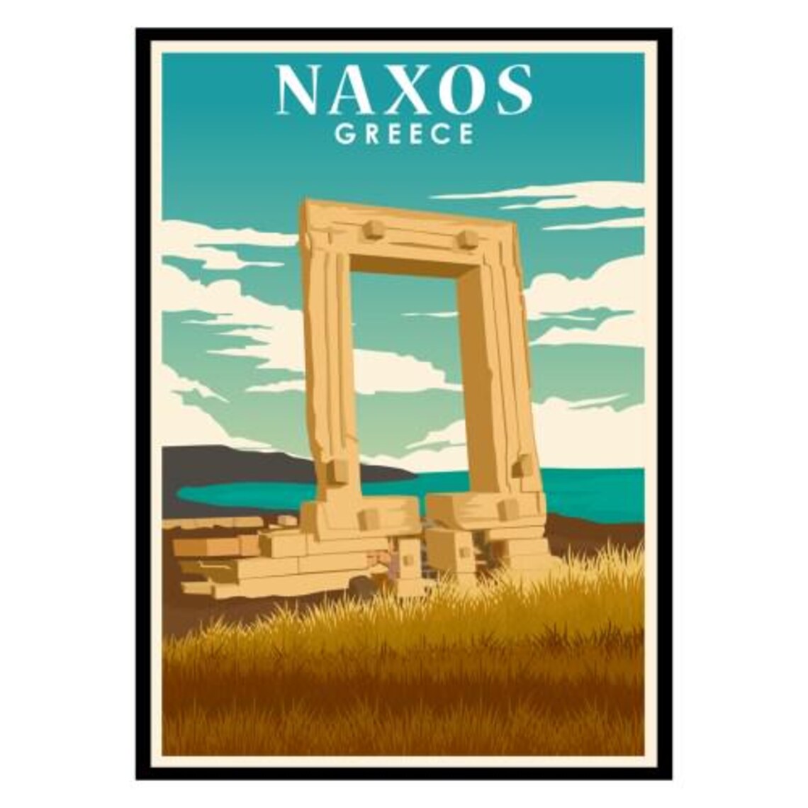 Naxos Greece Ancient Portara Temple Ruins Vintage Travel Poster