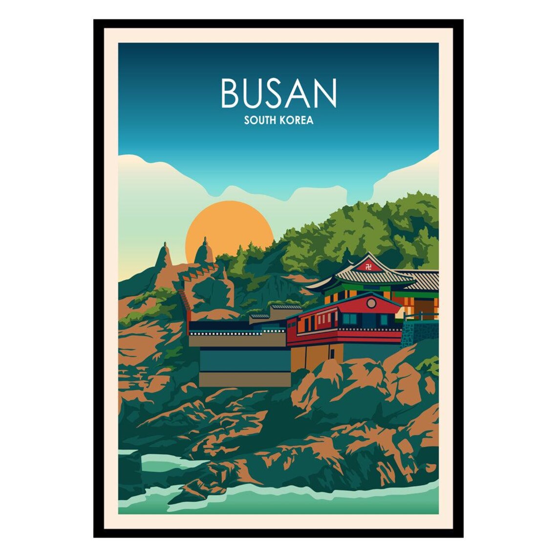 Busan South Korea Coastal Temple Sunset Vintage Travel Poster