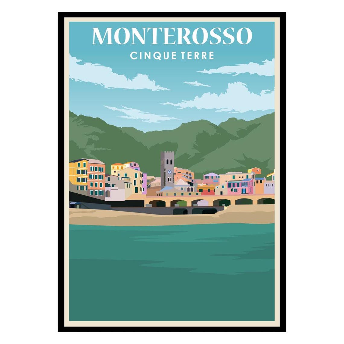 Monterosso Cinque Terre Vintage Beach Town Travel Poster Italy Art