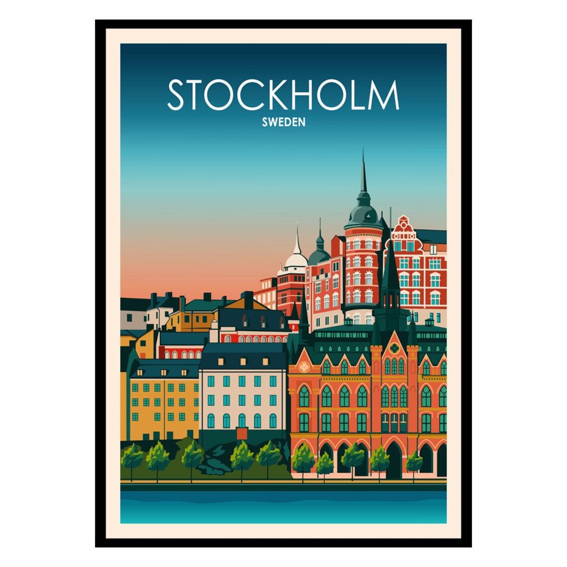 Stockholm Sweden Old Town Waterfront Sunset Cityscape Travel Poster