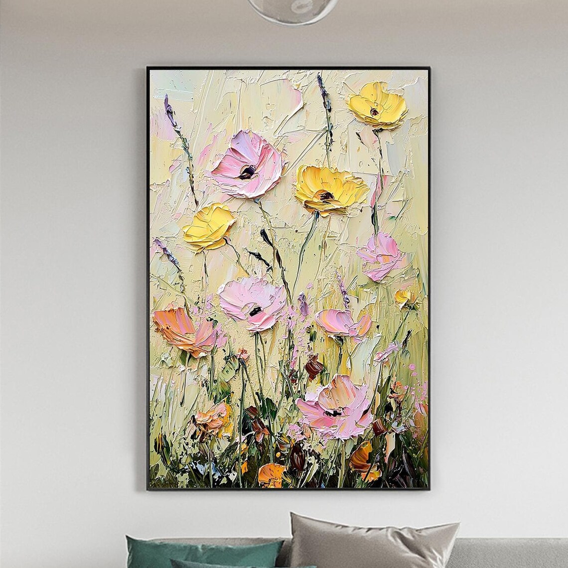 Pink Yellow Poppy Wildflowers Rising on Cream Textured Wall Art