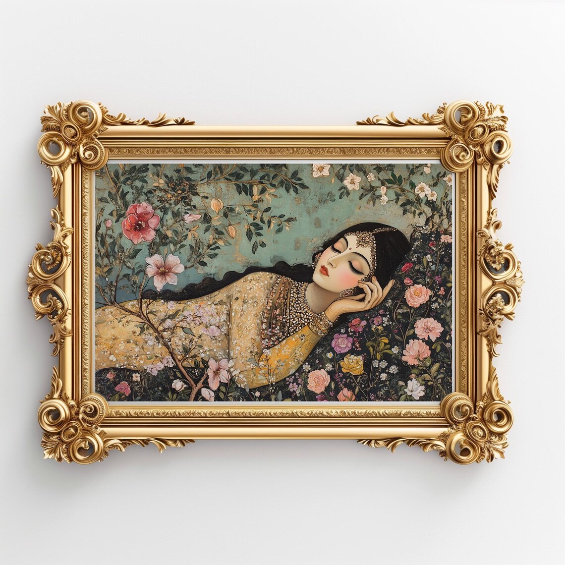 Sleeping Devi Mughal Painting, Indian Art Print