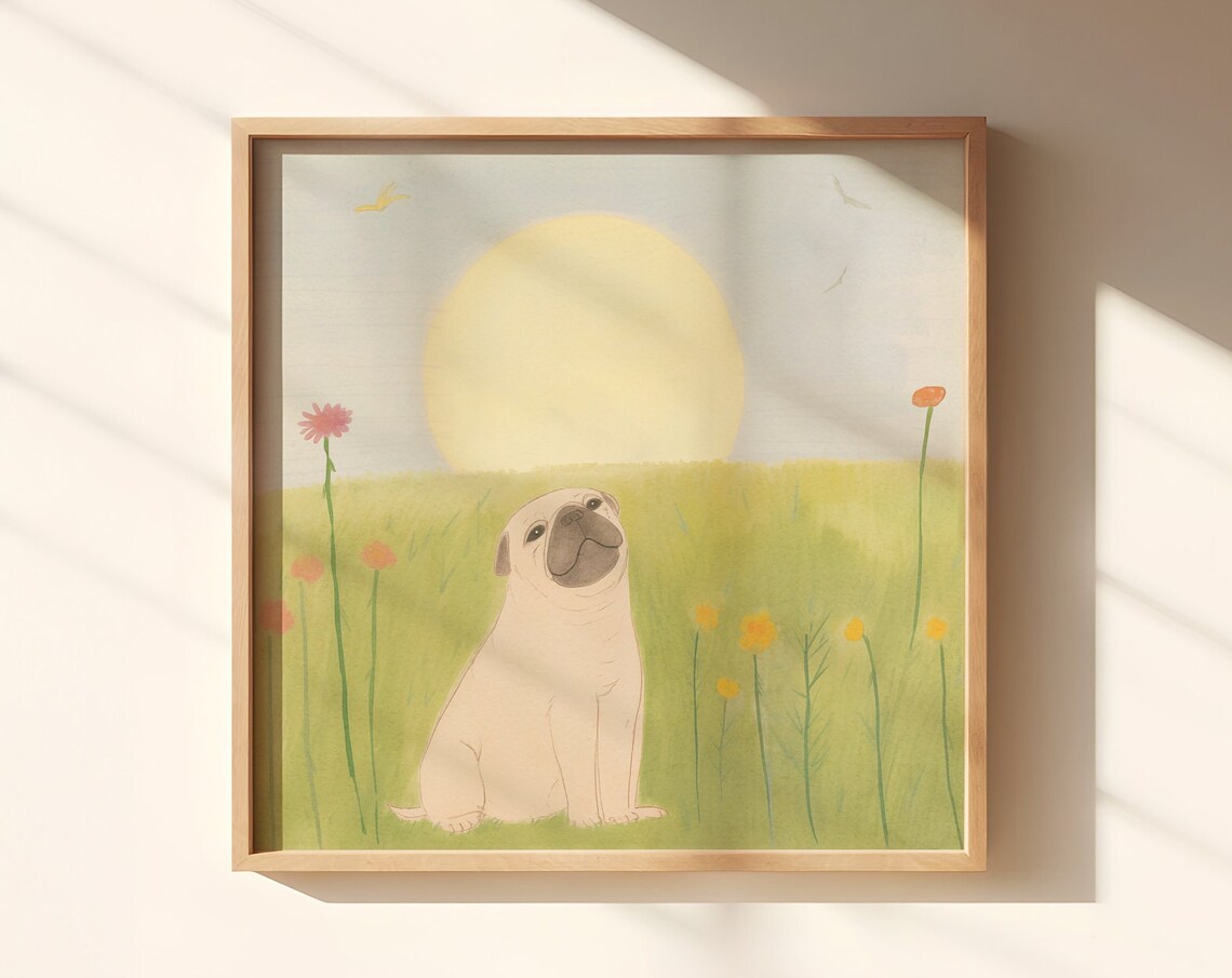 Cute Pug Dog Sunset Meadow Watercolor Square Animal Art Poster