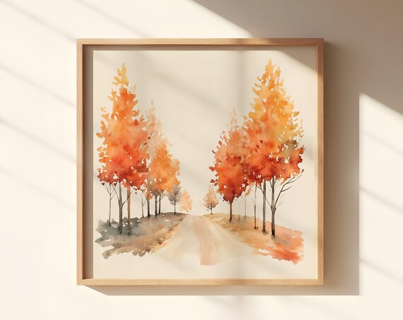 Watercolor Autumn Road Lined With Fiery Orange Trees Scene Poster