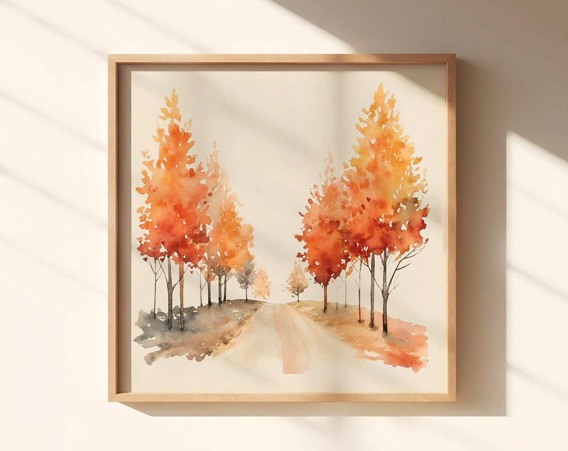 Watercolor Autumn Road Lined With Fiery Orange Trees Scene Poster