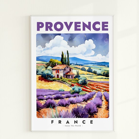 Provence France Lavender Fields Farmhouse Watercolor Travel Poster