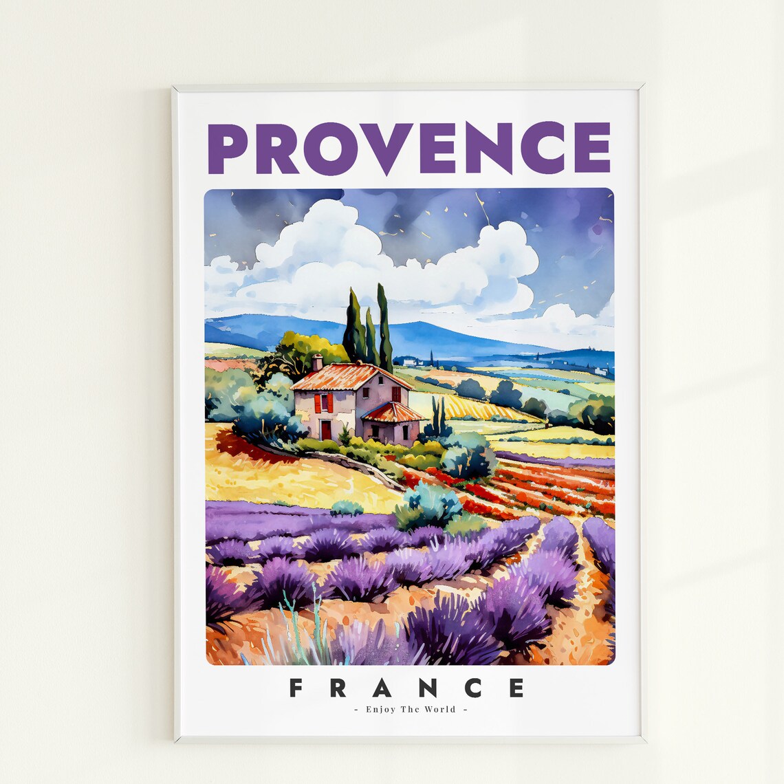 Provence France Lavender Fields Farmhouse Watercolor Travel Poster