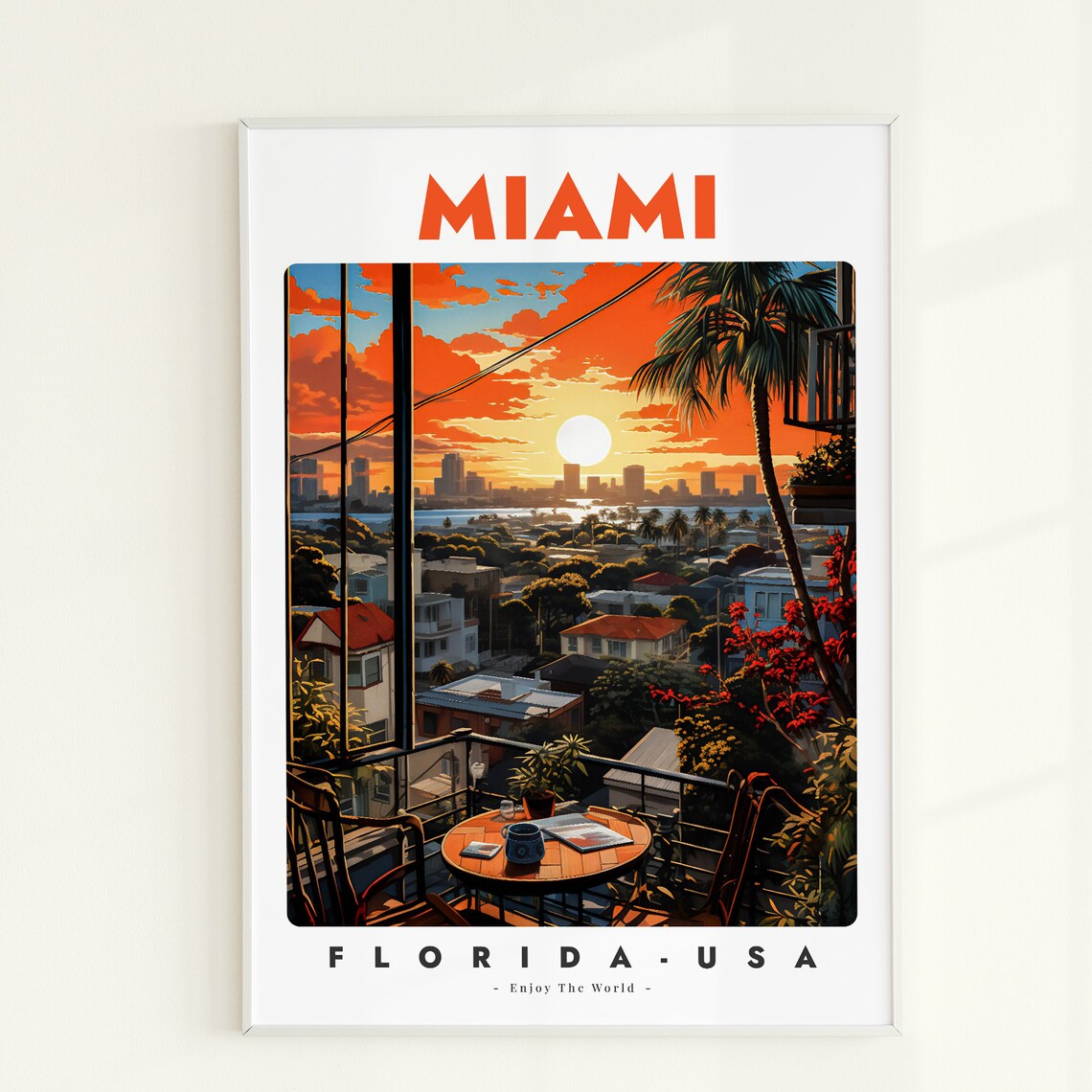 Miami Florida Balcony Sunset Skyline Vintage Coastal Travel Poster