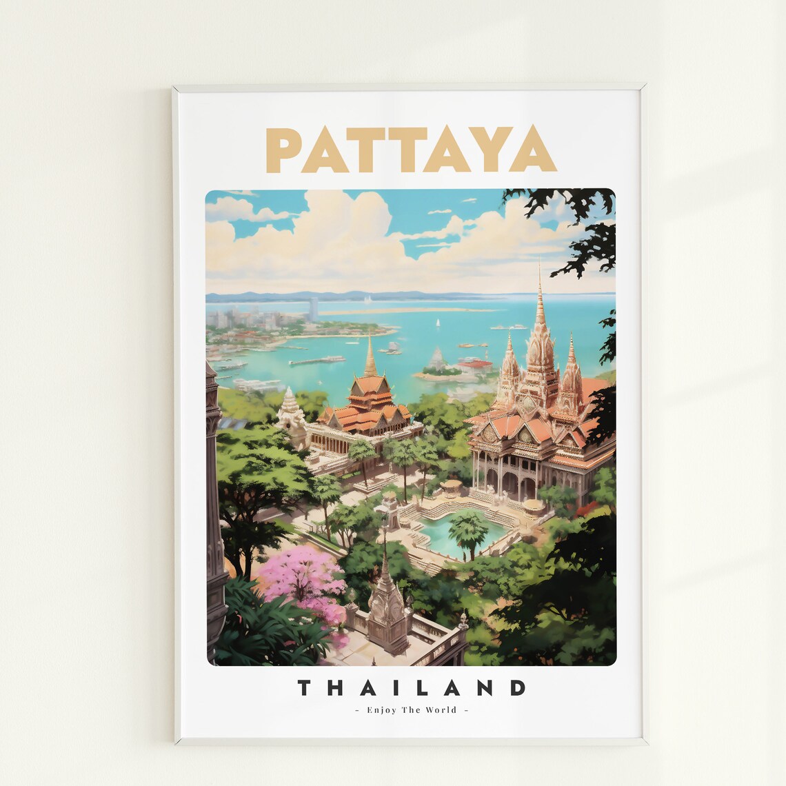 Pattaya Thailand Sanctuary of Truth Temple Bay Vintage Travel Poster