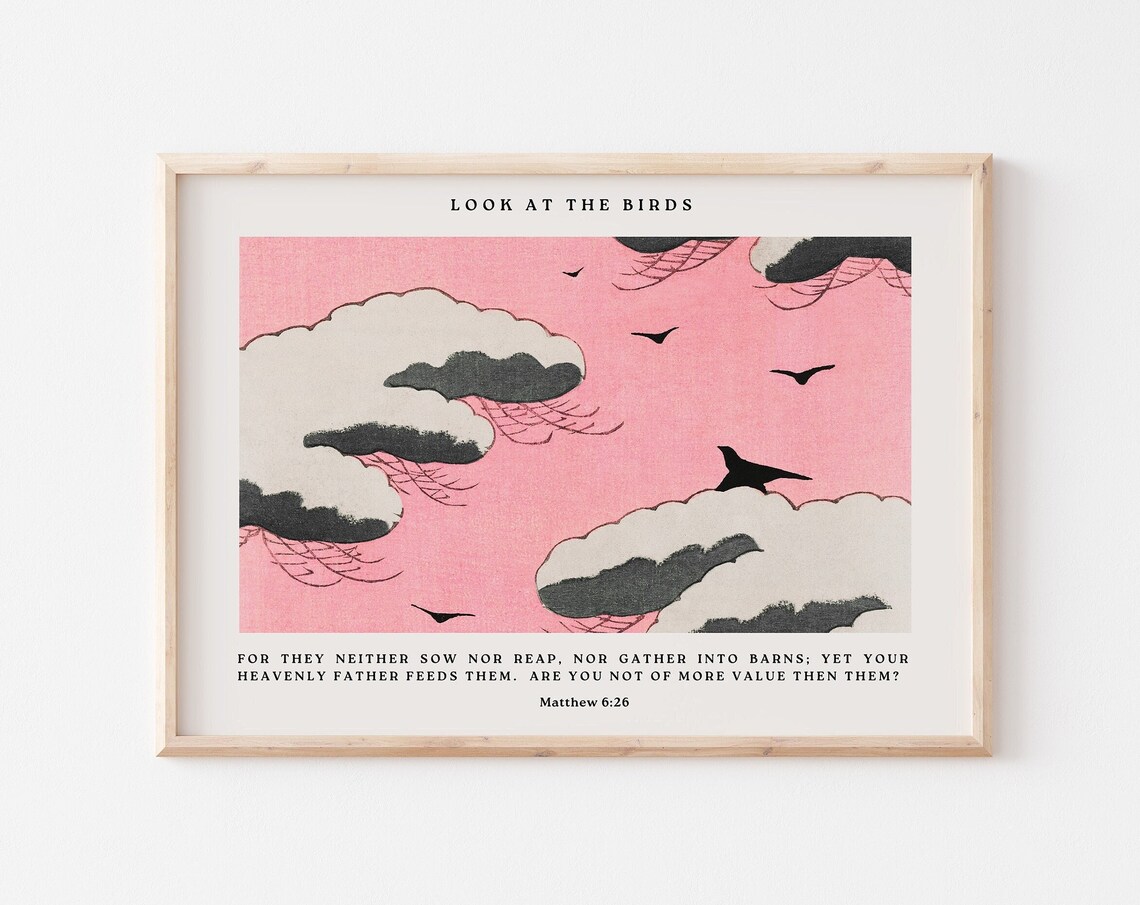 Look at the Birds Matthew 6:26 Pink Japanese Woodblock Sky Clouds Poster