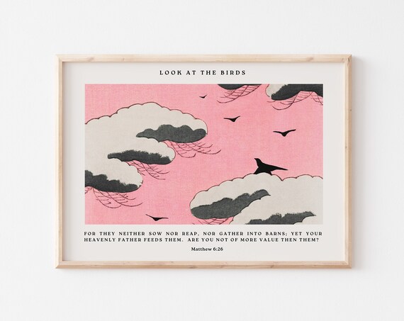 Look at the Birds Matthew 6:26 Pink Japanese Woodblock Sky Clouds Poster