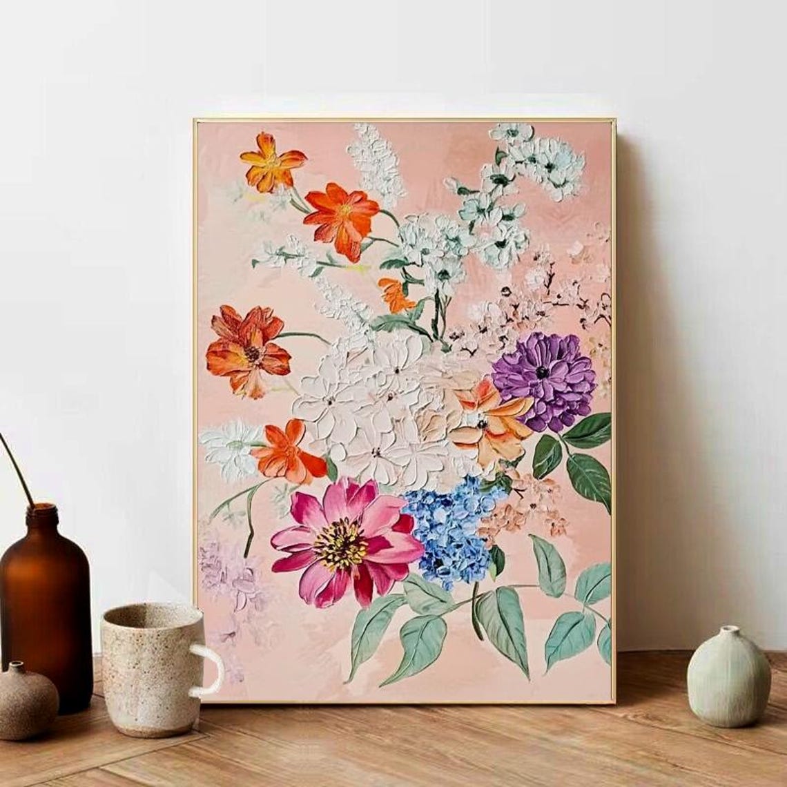 Soft Pastel Floral Bouquet Blooming on Blush Pink Vertical Wall Art