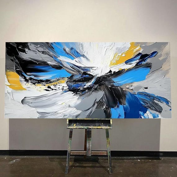 Hand Painted Abstract Oil Painting Fresh And Bold Colors In Gray Blue Black And Yellow Textured Layered Art For Living Room Entryway
